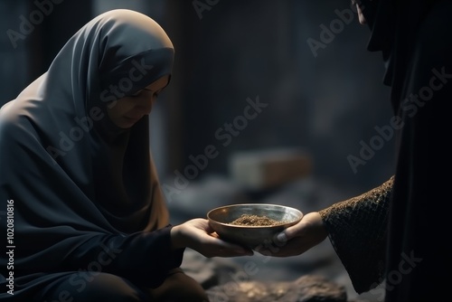 Unrecognized person giving away food to a poor muslim woman with veil on the street. Concept of Ramadan, solidarity and sharing food and helping poor people.
