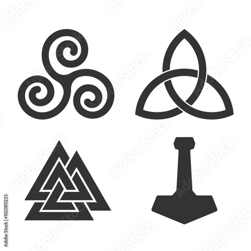 Pagan symbol set. Valknut, triquetra and celtic infinity sign. Thor hammer mjolnir. Nordic culture logo. Vector illustration image.