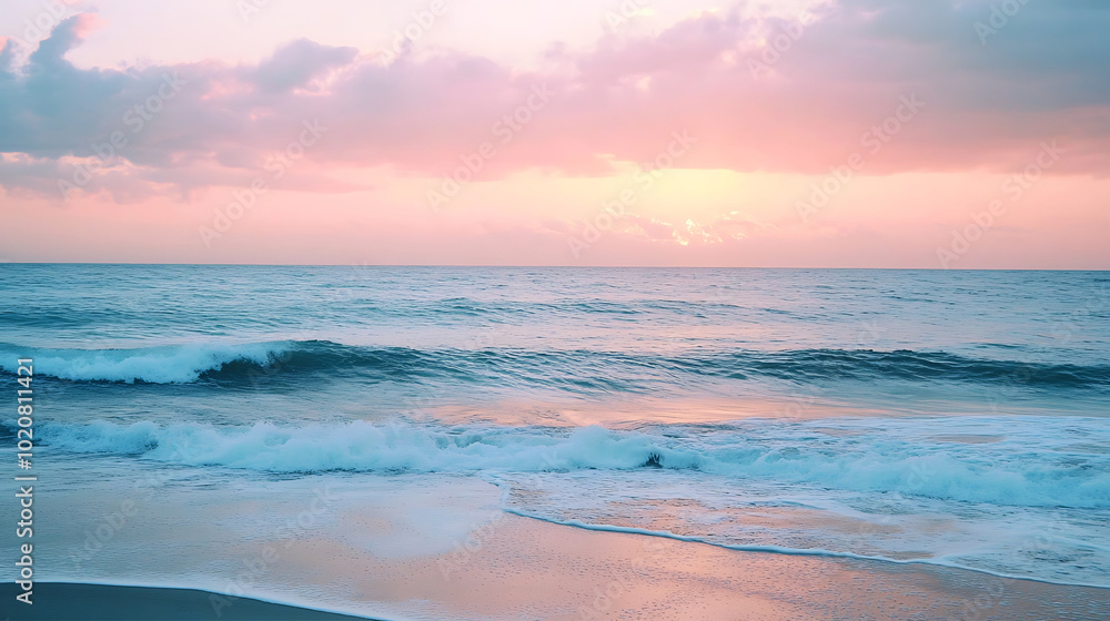 serene beach landscape at dusk, with soft waves gently lapping the shore and the sky filled with shades of pink and orange serene beach landscape at dusk, with soft waves gently lapping the shore and the sky filled with shades of pink and orange