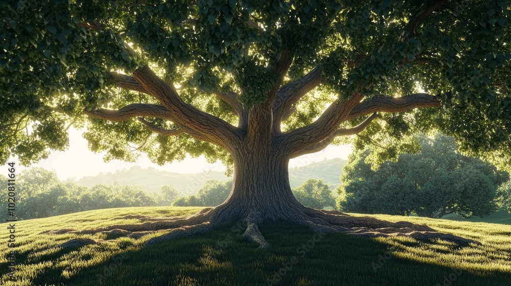 Magnificent tree with a huge green canopy and spreading roots, standing tall and cut out for a clean view Magnificent tree with a huge green canopy and spreading roots, standing tall and cut out for a clean view