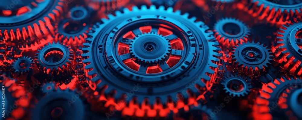 A visually striking arrangement of gears illuminated in blue and red tones, showcasing intricate mechanical design and motion. A visually striking arrangement of gears illuminated in blue and red tones, showcasing intricate mechanical design and motion.