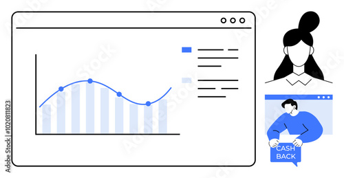 Graph on a screen with data points, a person in a frame, and a cash back message. Ideal for business analytics, financial incentives, marketing, data visualization, online services. Minimalist vector
