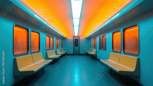 Vibrant subway train interior with colorful lighting