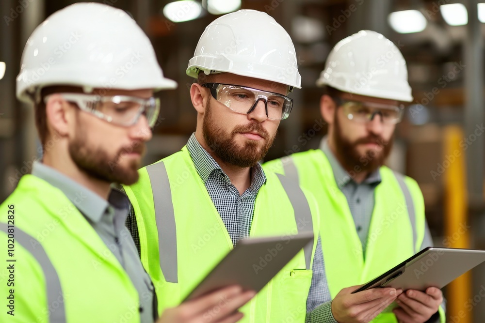 Three construction professionals in safety gear, including helmets and vests, are focused on their tablets in an industrial setting. Three construction professionals in safety gear, including helmets and vests, are focused on their tablets in an industrial setting.