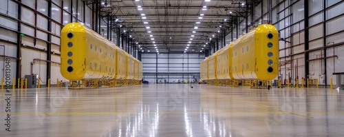 A spacious industrial facility featuring rows of large yellow structures under bright lights, showcasing modern design and manufacturing capabilities. photo