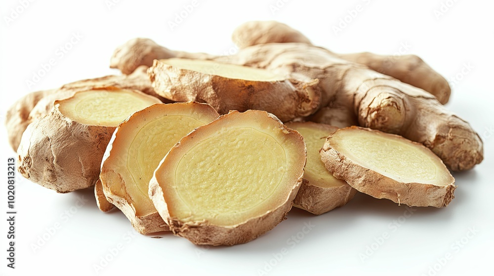Sliced Ginger Root with Visible Flesh and Skin Sliced Ginger Root with Visible Flesh and Skin