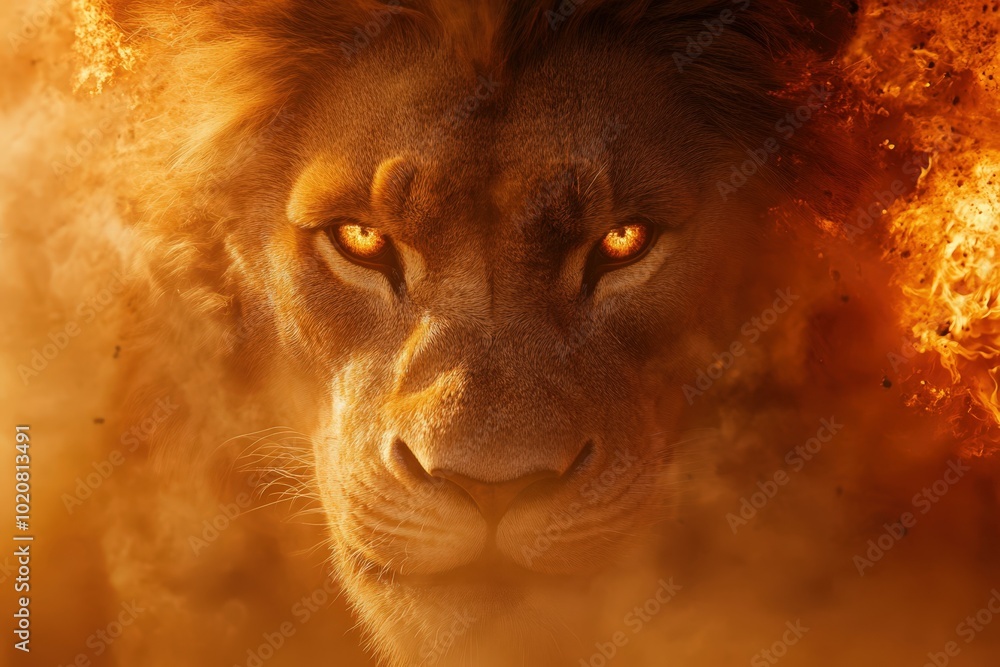 Powerful lion with glowing eyes in fiery background Powerful lion with glowing eyes in fiery background