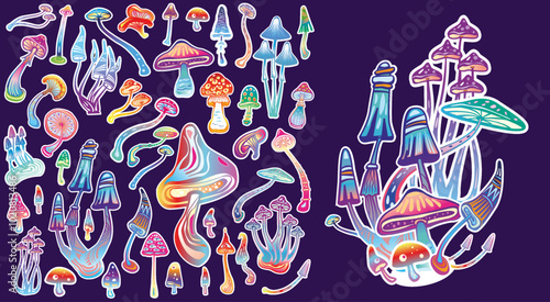Set of Mushrooms with white outline, stickers for posters, stickers, t-shirt design, logos, labels, posters, cardsPrint