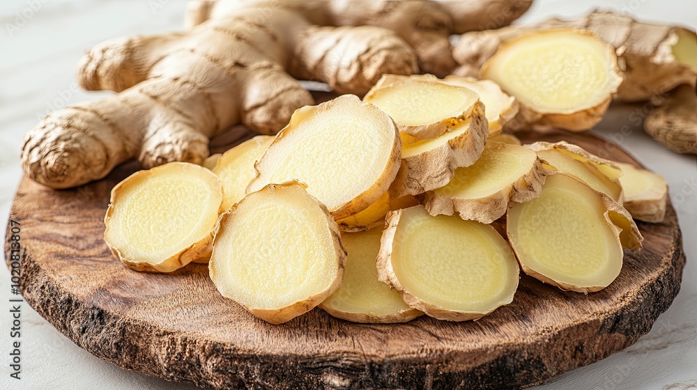 Sliced Ginger Root on a Wooden Cutting Board Sliced Ginger Root on a Wooden Cutting Board
