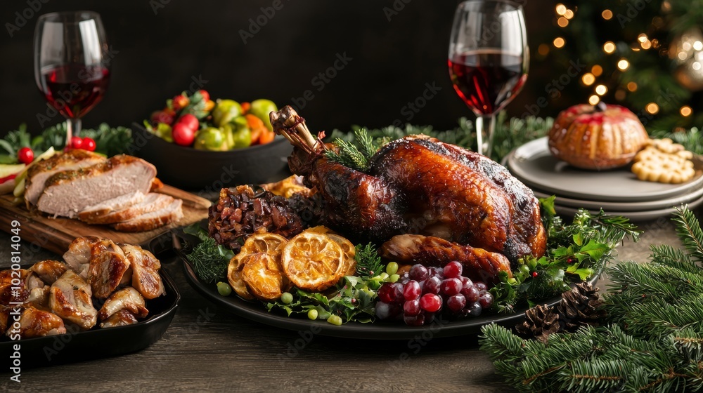 Roasted turkey with citrus and grape garnishes for Christmas dinner