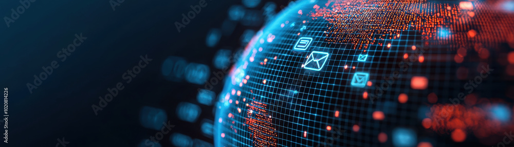 3D globe with digital icons representing search engines and communication, showcasing vibrant network of information. glowing elements create sense of connectivity and technology