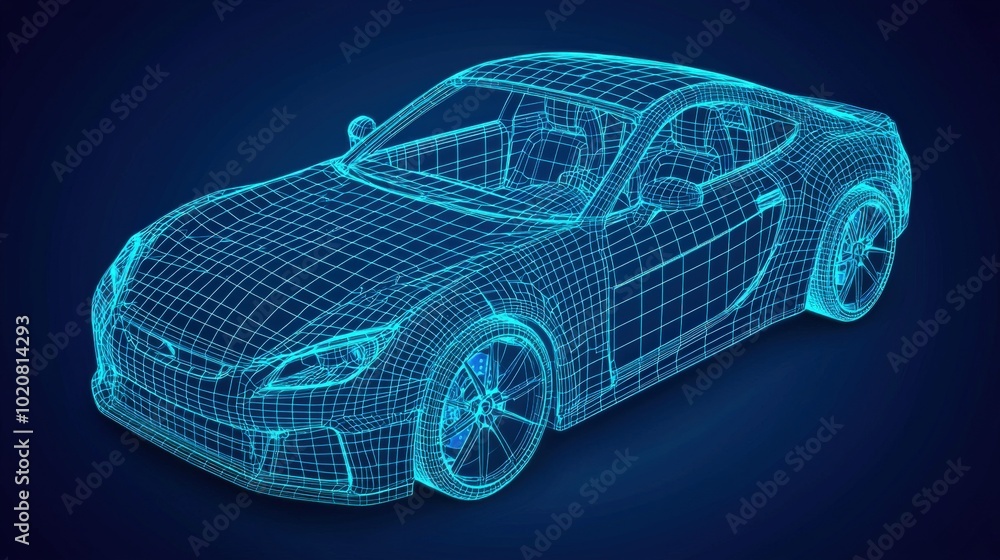 Naklejka premium A futuristic, blue wireframe model of a car, showcasing its digital design and structure against a dark background.