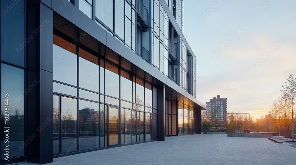 Fototapeta premium modern glass building exterior at sunset