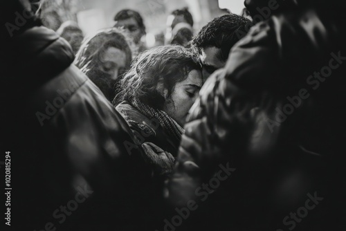 Crowd of people in a black and white image