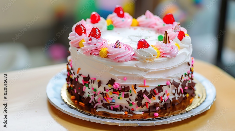 Photography of a close-up of a plate with a slice of birthday cake, adorned with sprinkles and a small birthday candle, set on a decorated table with other party treats for the birthday celebration Photography of a close-up of a plate with a slice of birthday cake, adorned with sprinkles and a small birthday candle, set on a decorated table with other party treats for the birthday celebration