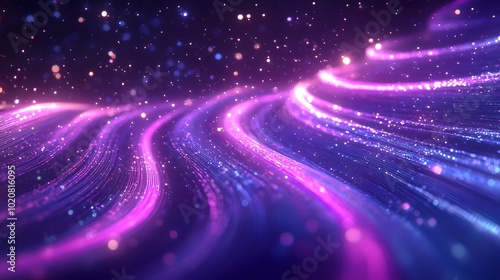 A dynamic purple and blue ribbon of light, spinning in the air with energy lines radiating from its center on a dark background