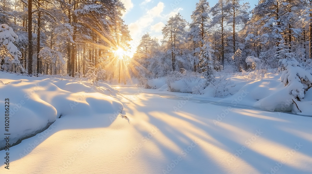 winter landscape with snow-covered trees, a frozen river, and a soft glow from the low winter sun casting long shadows winter landscape with snow-covered trees, a frozen river, and a soft glow from the low winter sun casting long shadows