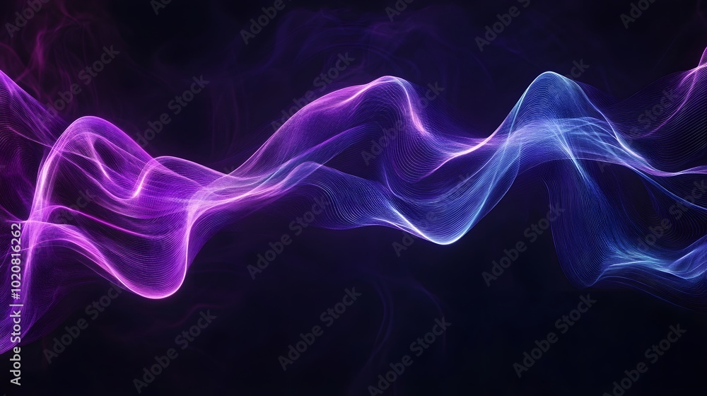 A dynamic purple and blue ribbon of light, spinning in the air with energy lines radiating from its center on a dark background A dynamic purple and blue ribbon of light, spinning in the air with energy lines radiating from its center on a dark background