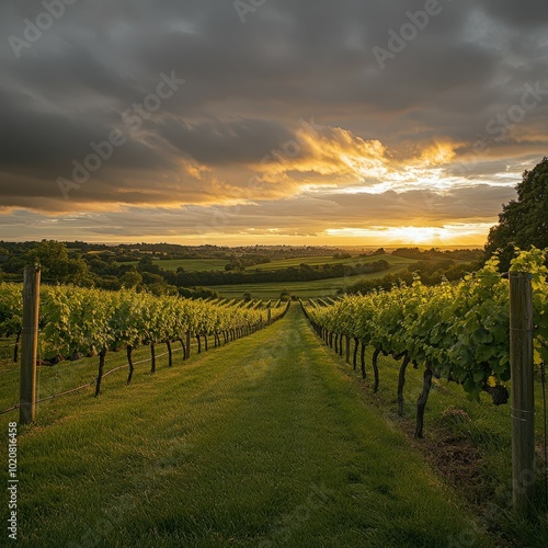 Scenic sunset over a picturesque vineyard landscape