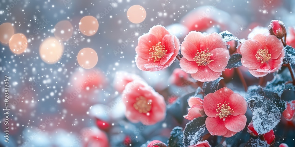 Fireworks on a snowy background, New Year's atmosphere with sparkling stars and falling snowflakes. 