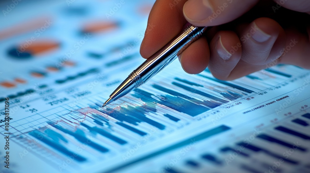 A hand holding a pen over a digital data analysis chart. A hand holding a pen over a digital data analysis chart.