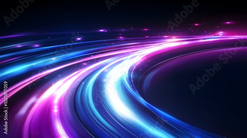 A dynamic purple and blue ribbon of light, spinning in the air with energy lines radiating from its center on a dark background