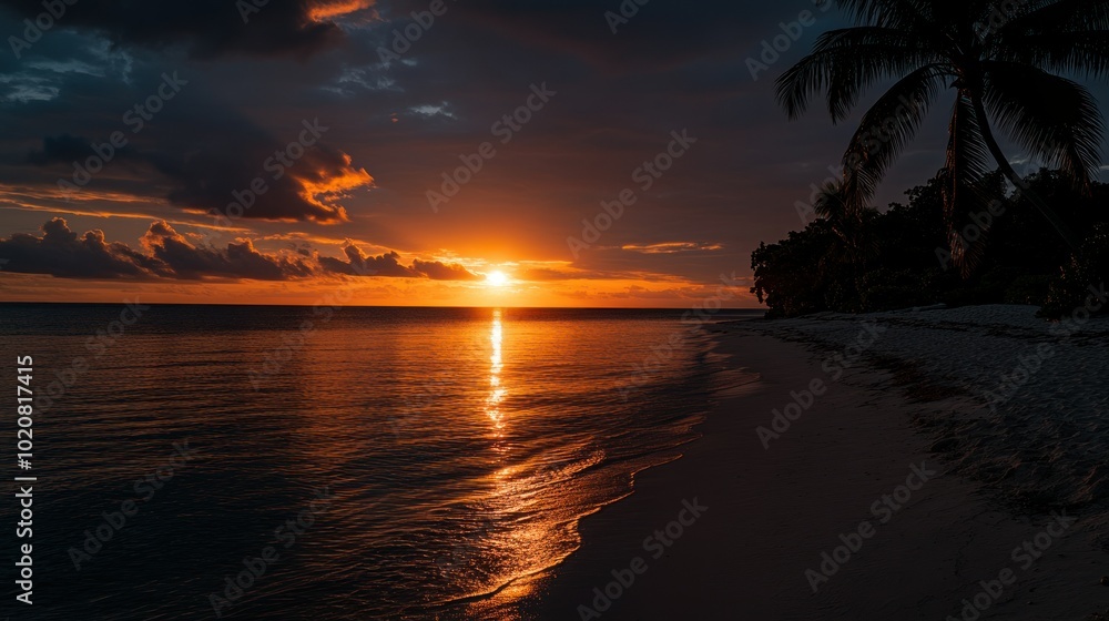 Golden Sunset Over a Tropical Beach with Palm Tree Silhouette Golden Sunset Over a Tropical Beach with Palm Tree Silhouette