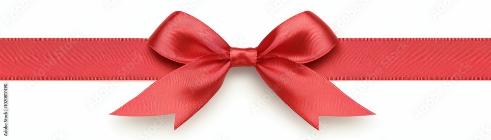 A red satin ribbon bow tied in the center of a wide ribbon, displayed on a white background, perfect for gift wrapping.. A red satin ribbon bow tied in the center of a wide ribbon, displayed on a white background, perfect for gift wrapping..