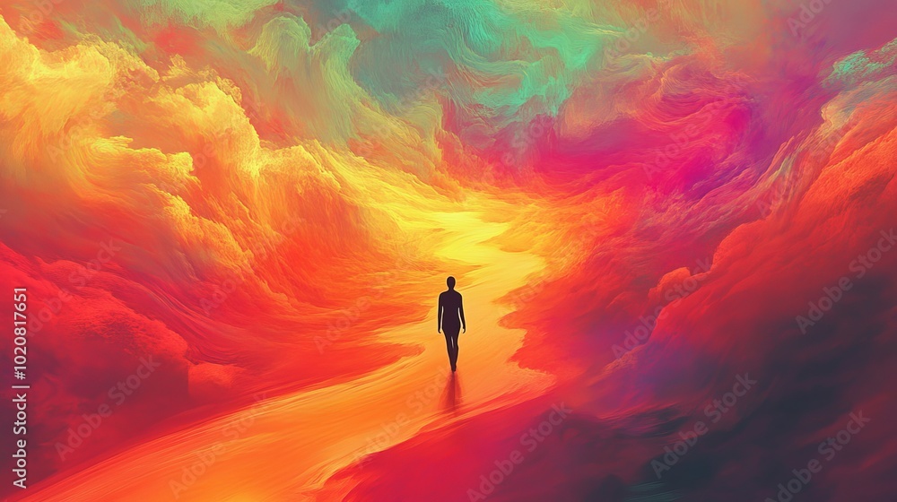 Obraz premium A silhouette walks through a vibrant, colorful cloudscape.