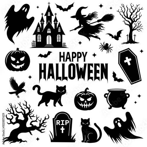 Set of black Halloween silhouettes. Pumpkins, witch, cats, bats, tomb, spider, trees, ghosts. Vector illustration