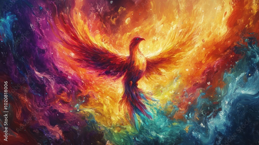 A vibrant phoenix rising from colorful cosmic flames. A vibrant phoenix rising from colorful cosmic flames.