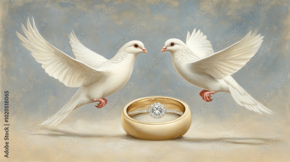 Two white doves depicted with a pair of wedding rings, symbolizing love, marriage, and commitment, on a soft background.. Two white doves depicted with a pair of wedding rings, symbolizing love, marriage, and commitment, on a soft background..