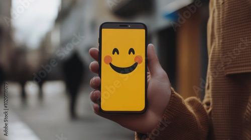 A hand holds a smartphone displaying a cheerful smiley face on a bright yellow background, set against a blurred urban backdrop. photo