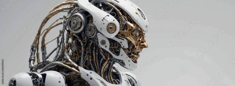 A robot with gold and silver parts on its face. The robot is white and has a gold face