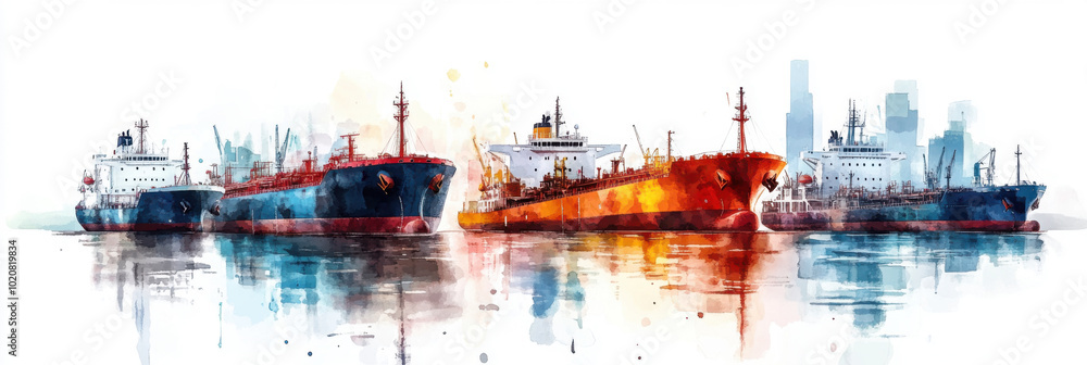 Vibrant Watercolor Illustration of Cargo Ships with Urban Skyline in Background Vibrant Watercolor Illustration of Cargo Ships with Urban Skyline in Background