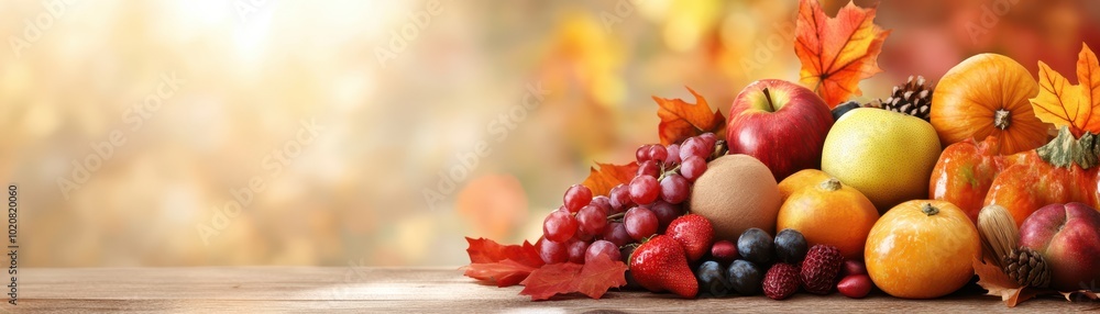 A vibrant arrangement of assorted fruits and autumn leaves on a wooden table creates a colorful seasonal display, ideal for use in food-related articles, advertisements, or seasonal promotions, A vibrant arrangement of assorted fruits and autumn leaves on a wooden table creates a colorful seasonal display, ideal for use in food-related articles, advertisements, or seasonal promotions,