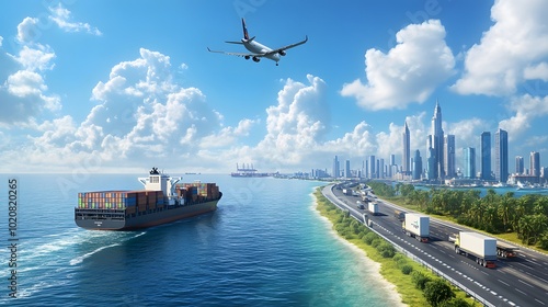An illustration of cargo ships, acting as air traffic control to make it look like an airplane is flying over the sea next to containers and trucks on roads