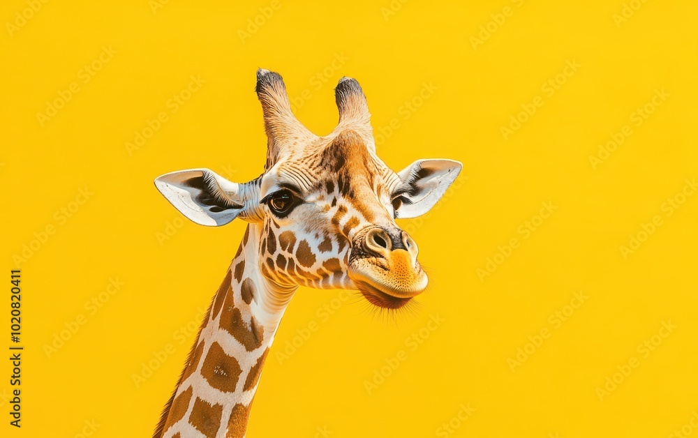 Obraz premium Curious giraffe twisting its neck on a bright yellow background, creating a fun and cheerful visual with a simple, modern design. The lively color adds energy to the illustration 