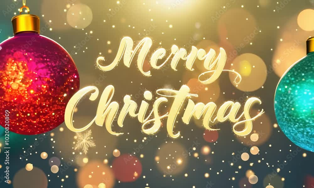 Festive Merry Christmas greeting with glowing bokeh lights and colorful baubles Festive Merry Christmas greeting with glowing bokeh lights and colorful baubles