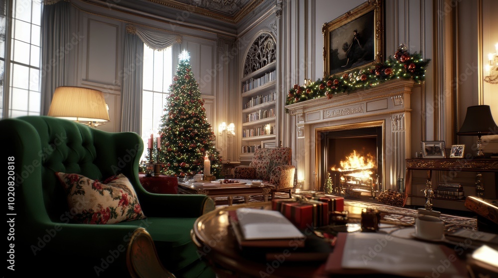 Fototapeta premium A living room filled with furniture and a christmas tree