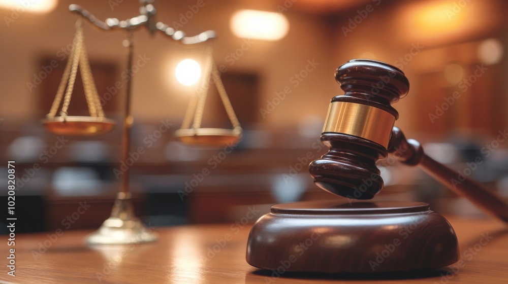 A wooden gavel rests on a desk in a courtroom with a scale of justice in the background, symbolizing law and legal proceedings. A wooden gavel rests on a desk in a courtroom with a scale of justice in the background, symbolizing law and legal proceedings.
