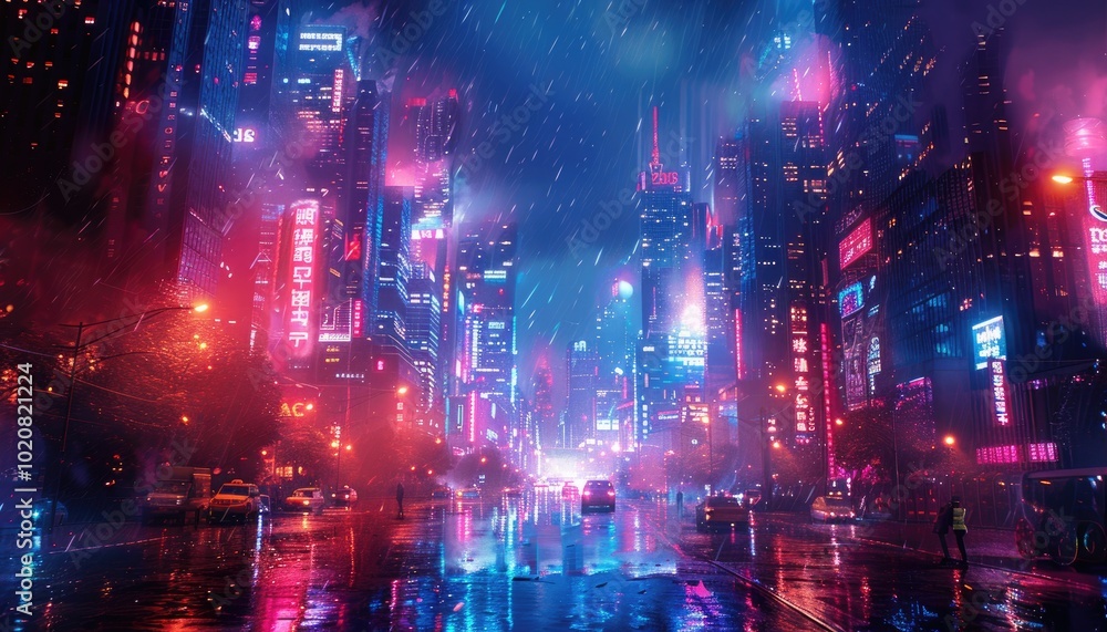 Obraz premium Neon-lit Cityscape Under Rain with Reflections