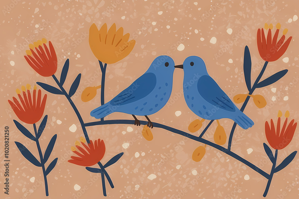 Fototapeta premium Folk-Style Bluebird Illustration with Vibrant Flowers on Branch