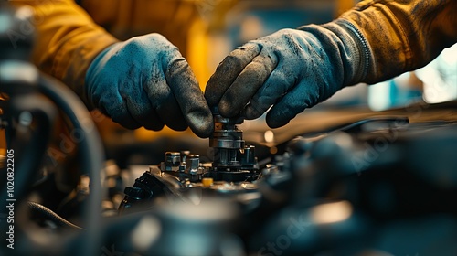 Mechanic's Hands Working on a Car Engine