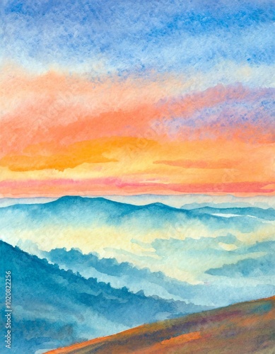 Watercolor style illustration of sunset