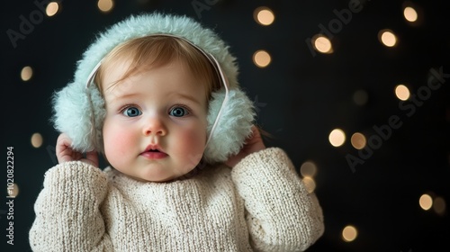 A baby wearing a white sweater and ear muffs