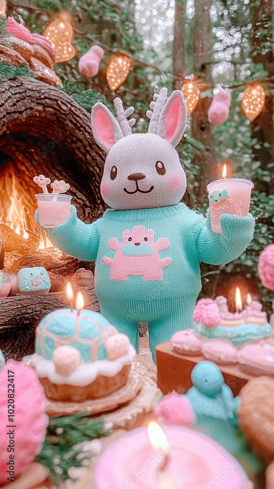 Fototapeta premium A stuffed animal holding a candle in front of cupcakes