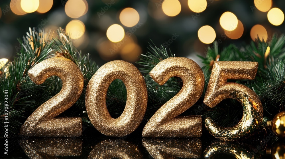 Golden glittery numbers of 2025 surrounded by festive pine branches and holiday lights. Golden glittery numbers of 2025 surrounded by festive pine branches and holiday lights.