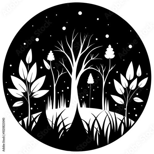 magical fairy tale forest at night with glowing