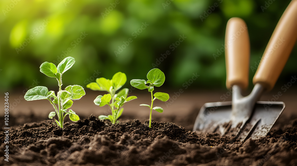 Gardening tools and seedlings on soil. Gardening tools and seedlings on soil.